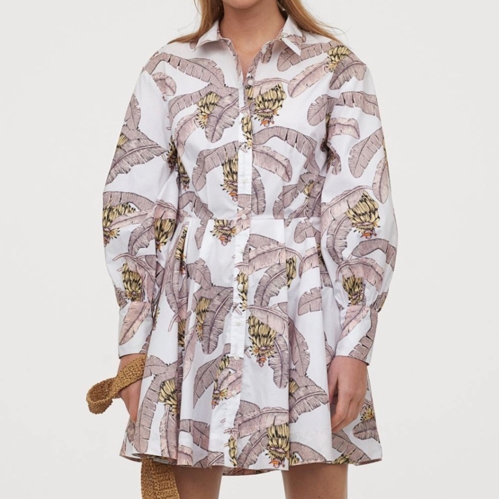 Desmond & Dempsey x H&M XS Cotton Banana Leaf Print Button Dress Puff Sleeve